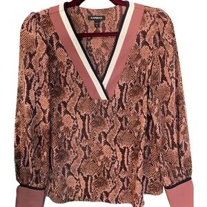 Express Snakeskin Print V-Neck Blouse Mauve Brown Long Sleeve Striped Trim Small